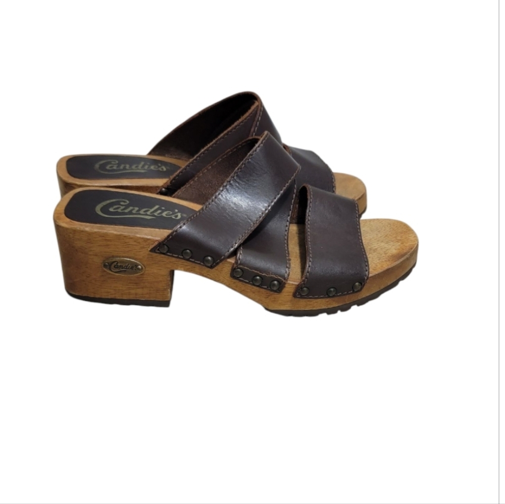 Candies 90s Vintage Wooden Clog Style Block Heel Slip On Leather Sandals Size 7
